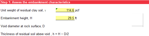Step 1 of Sinkhole worksheet: Embankment characteristics.